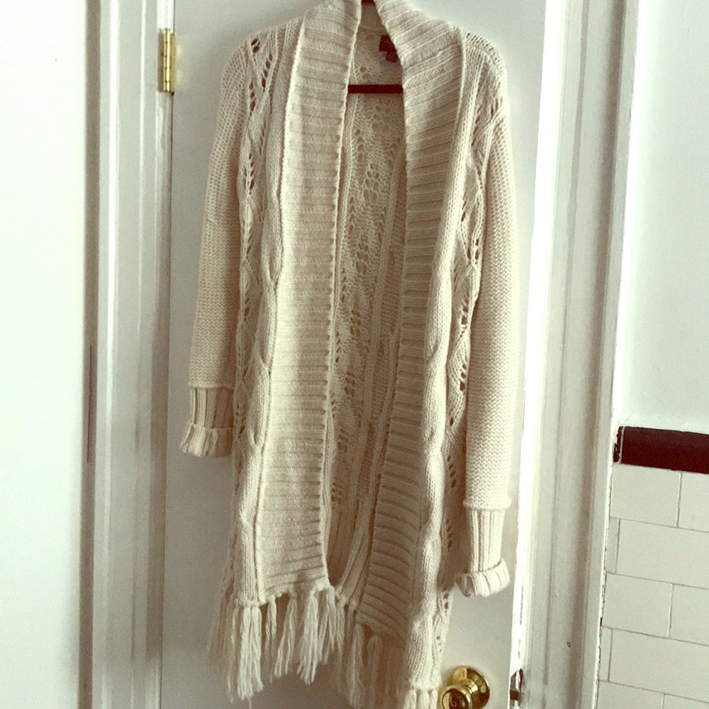 Long beige fringe sweater